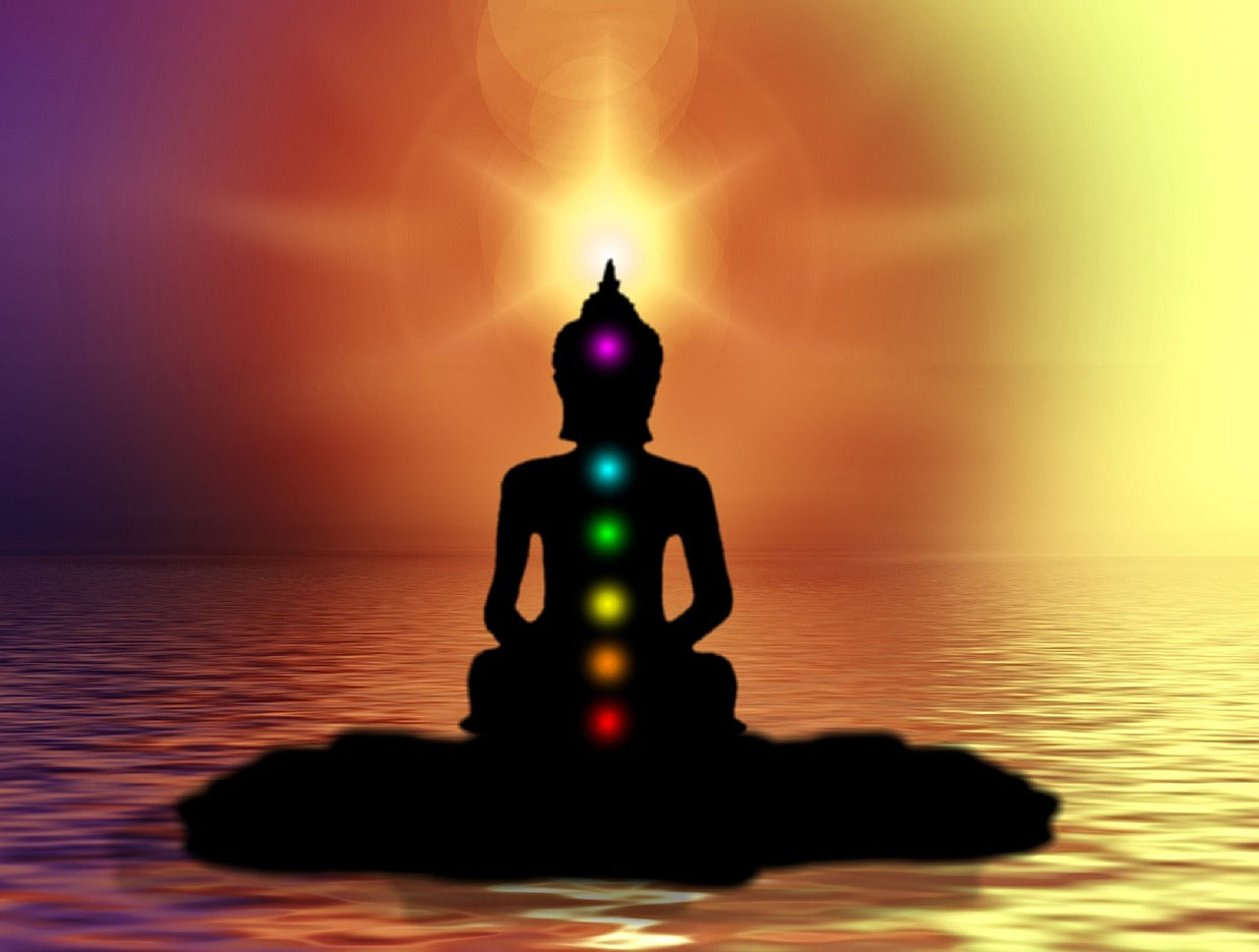 A buddha meditating on a stone with the seven chakras going up the middle of their body in the water with the sun setting behind them. 