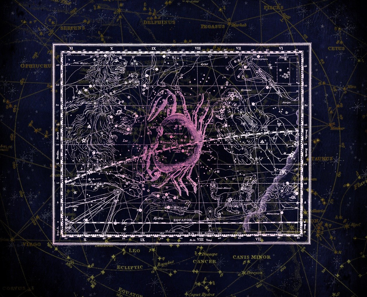 A pink crab representing the zodiac sign of cancer in a whiteish frame with many constellations listing with a dark blue background.