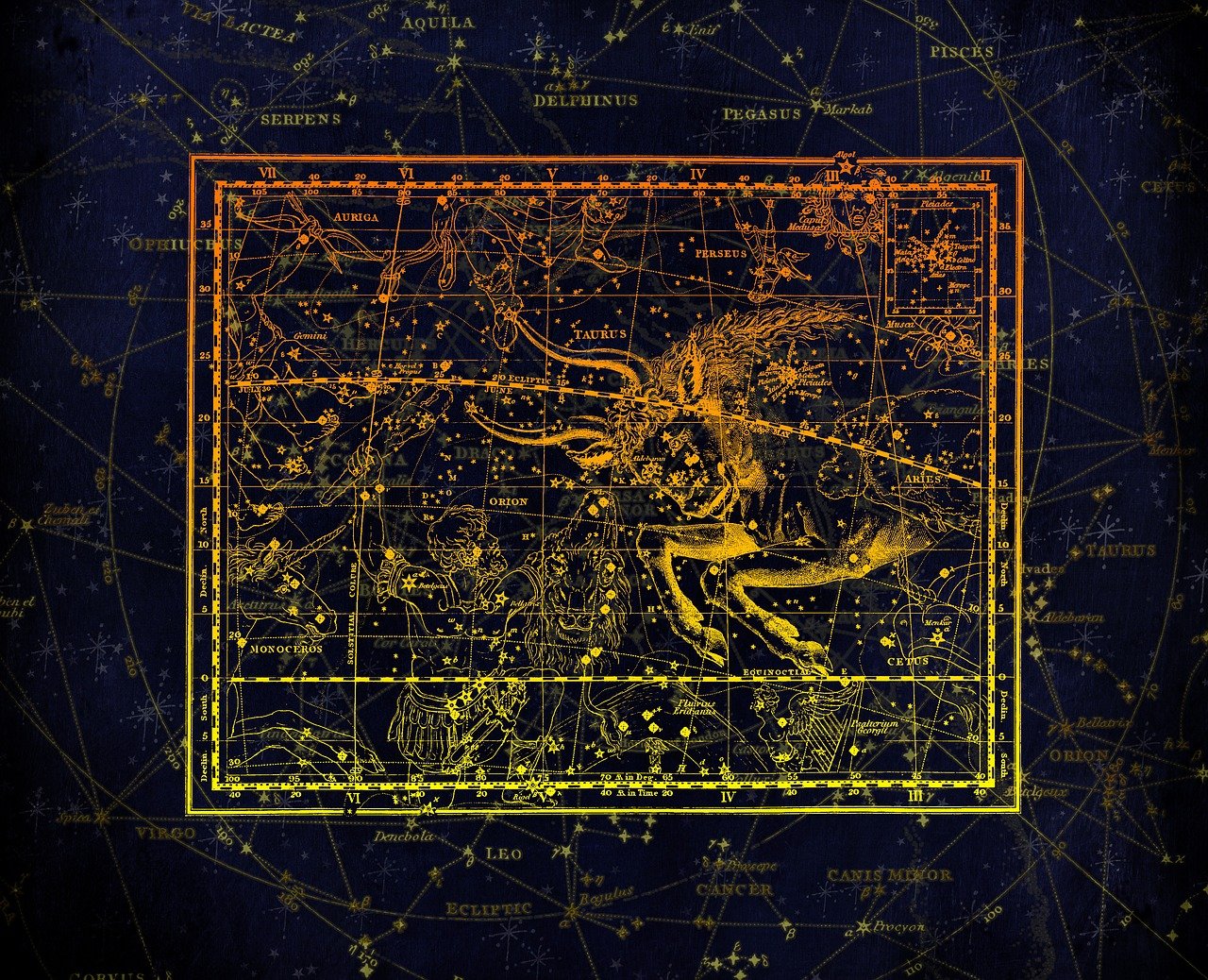 Taurus the Bull constellation in a orange to yellow with many other constellations and stars in a frame on a large nights sky.