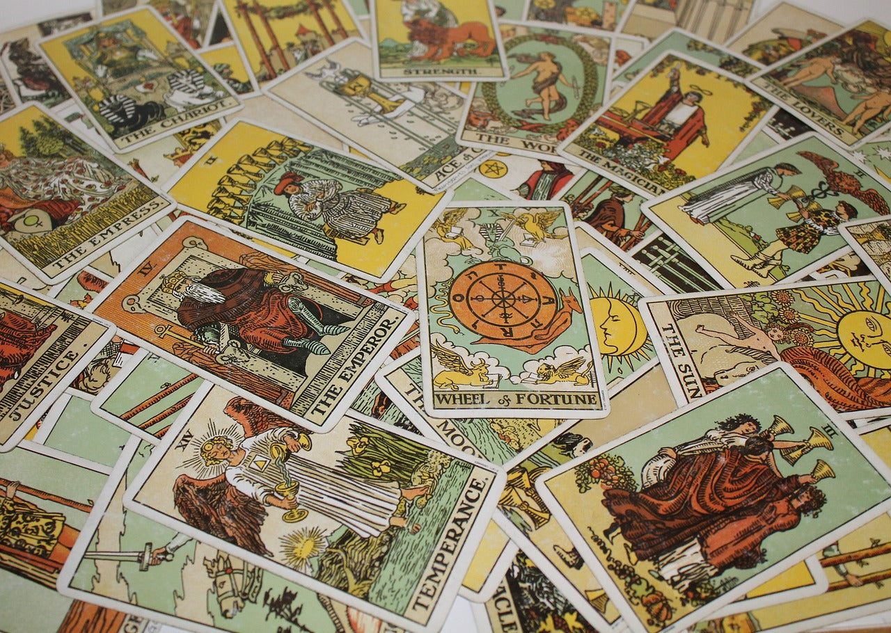 Tarot cards from the Rider Waite deck all laid out face up.