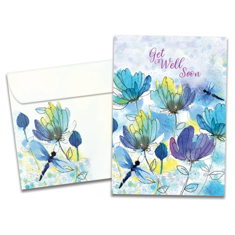 Blue Floral Dragonflies Get Well Greeting Card