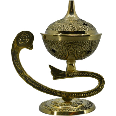 Gold brass incense burner with peacock handle and intricate detailing.