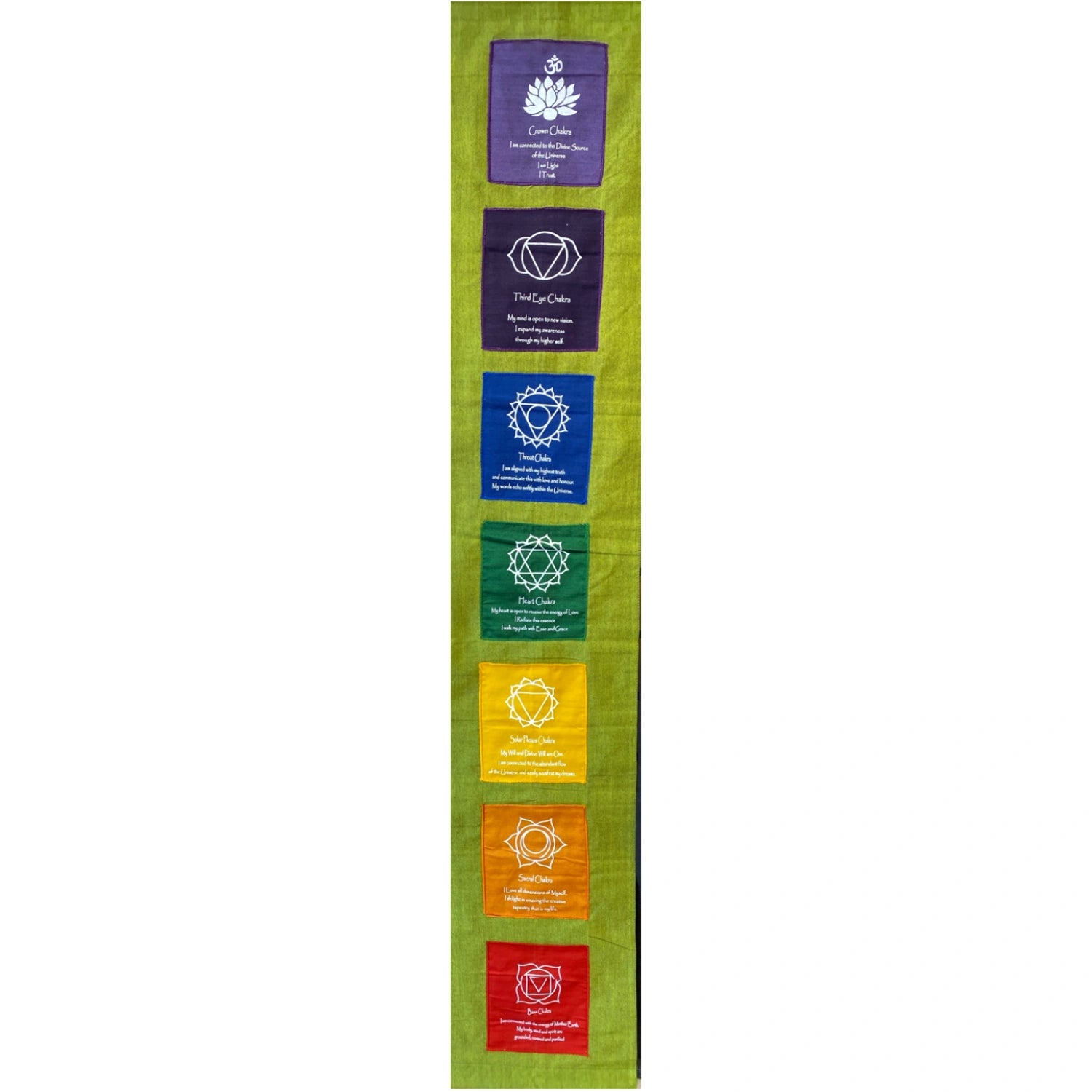 Green banner with seven colored squares representing the seven chakras, each with a chakra symbol and a corresponding affirmation.