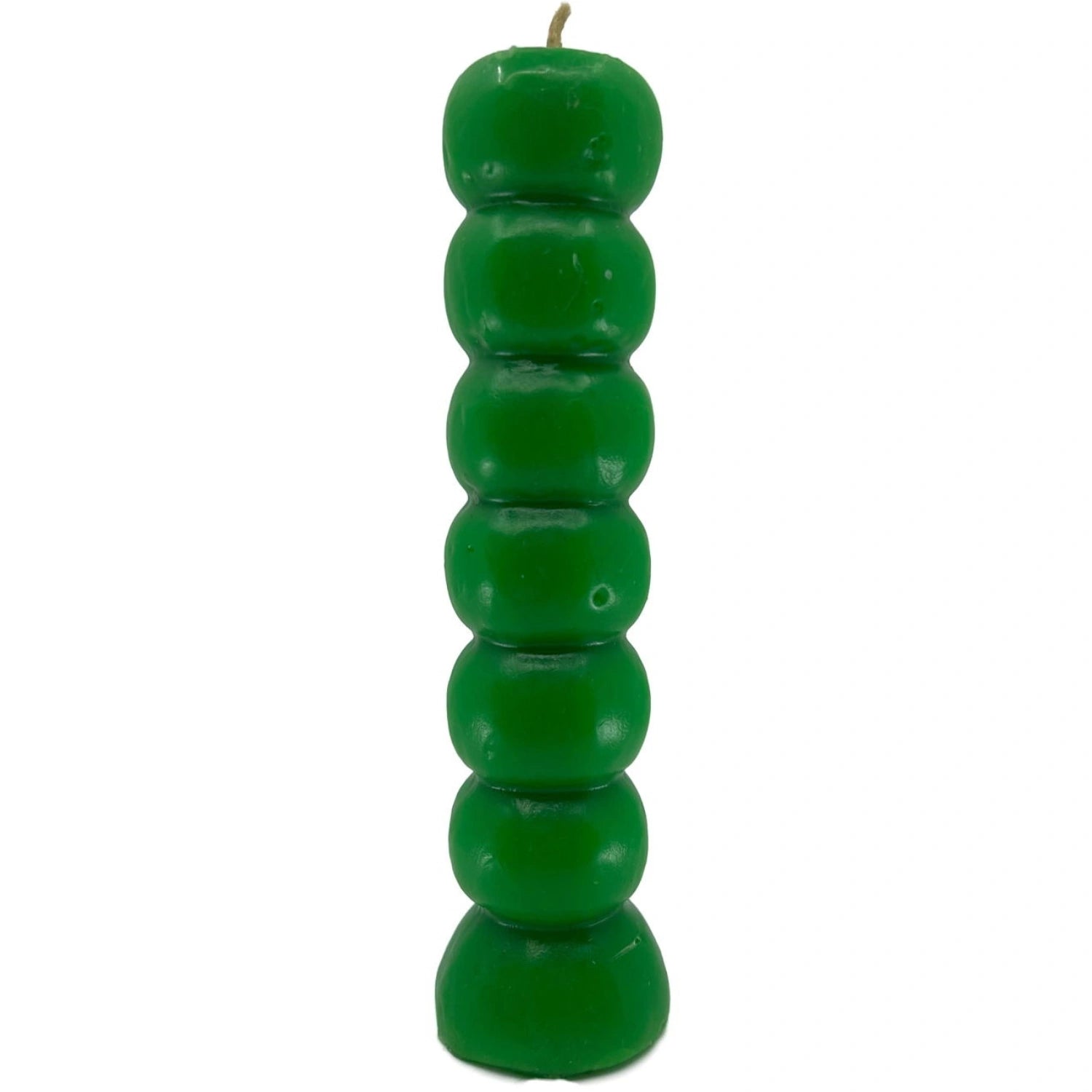 Green, ribbed candle with a flared base.