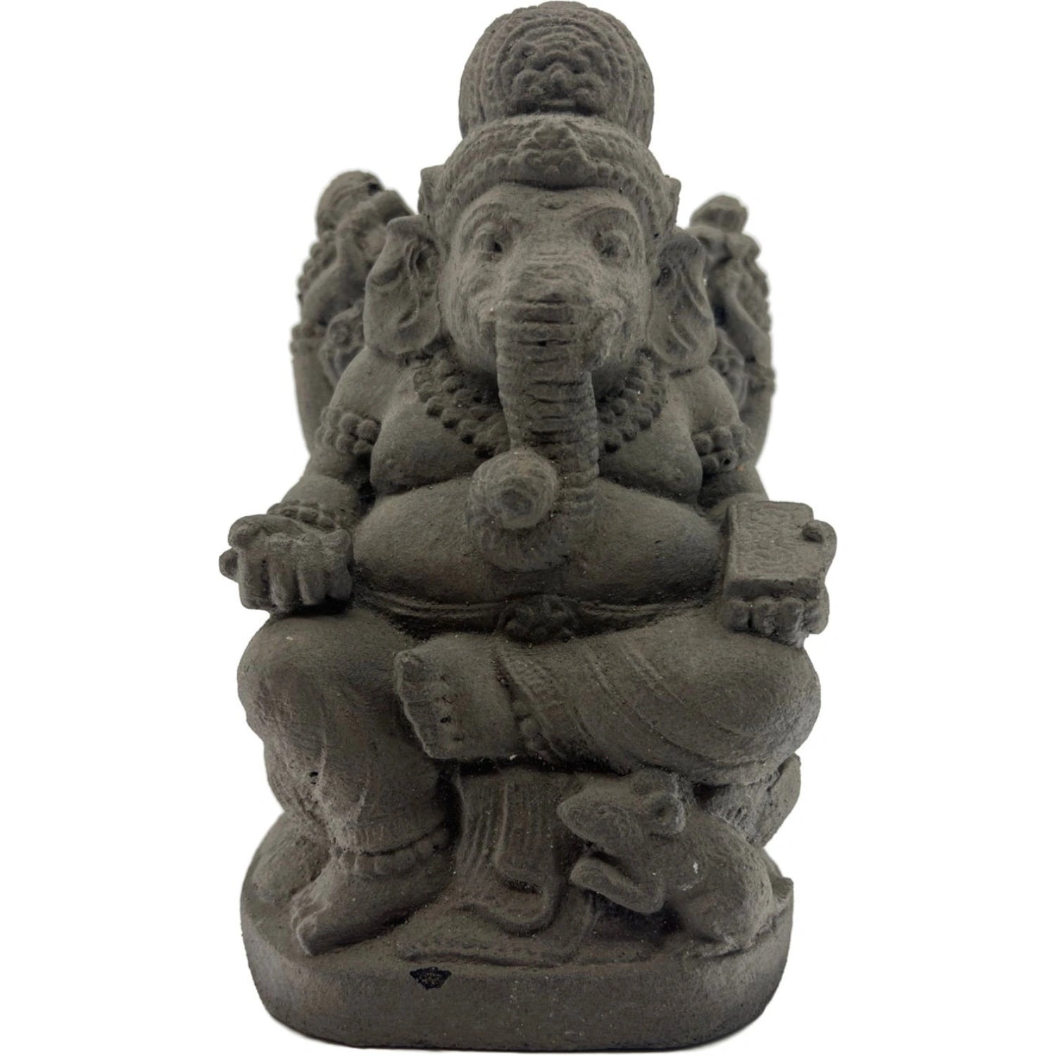 9-inch gray stone statue of Ganesha seated on a throne, with a mouse at his feet.