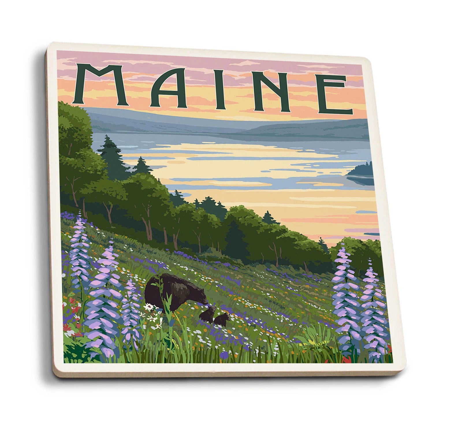 Ceramic coaster with "MAINE" and lake scene.