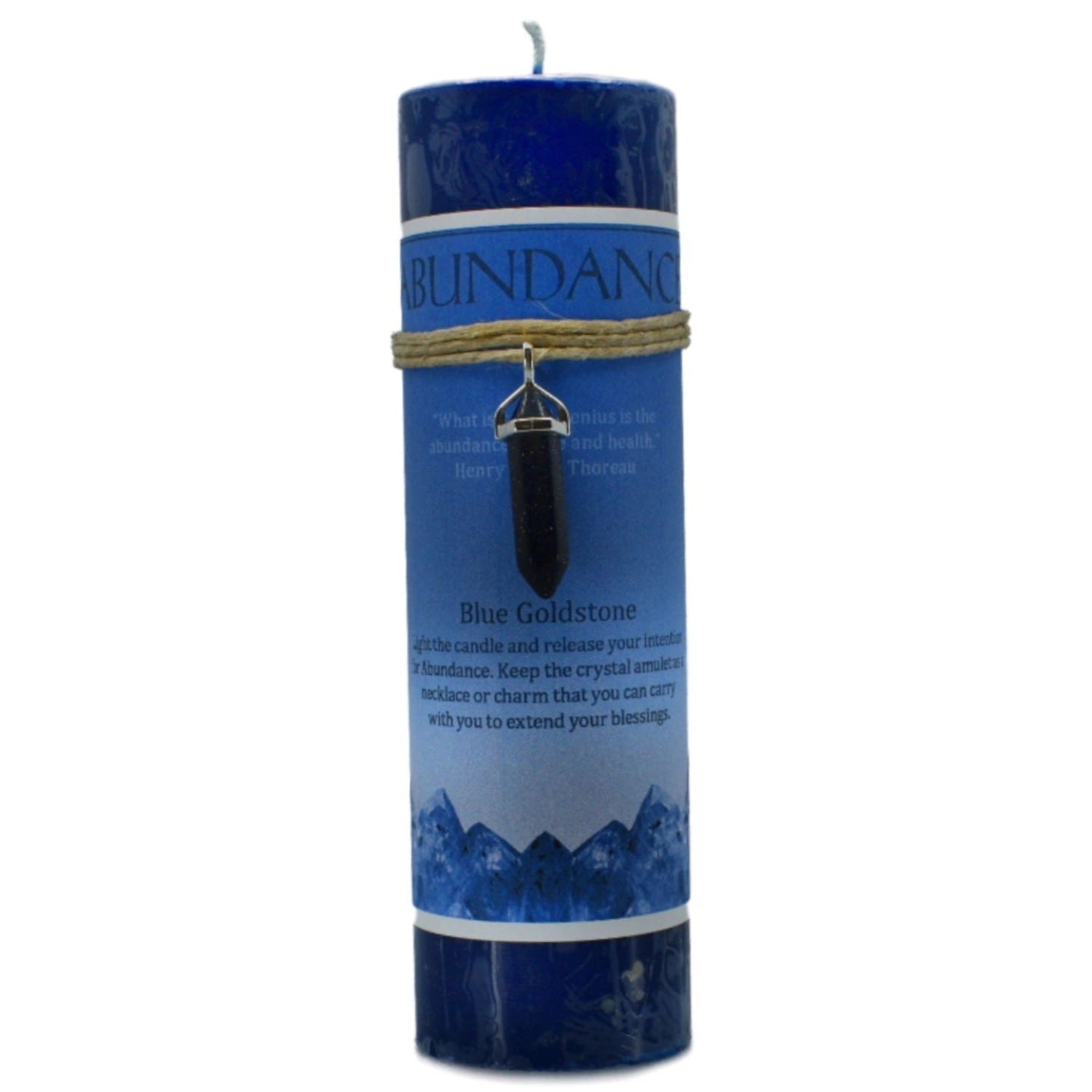 Blue candle with "ABUNDANCE" label and blue goldstone pendant.