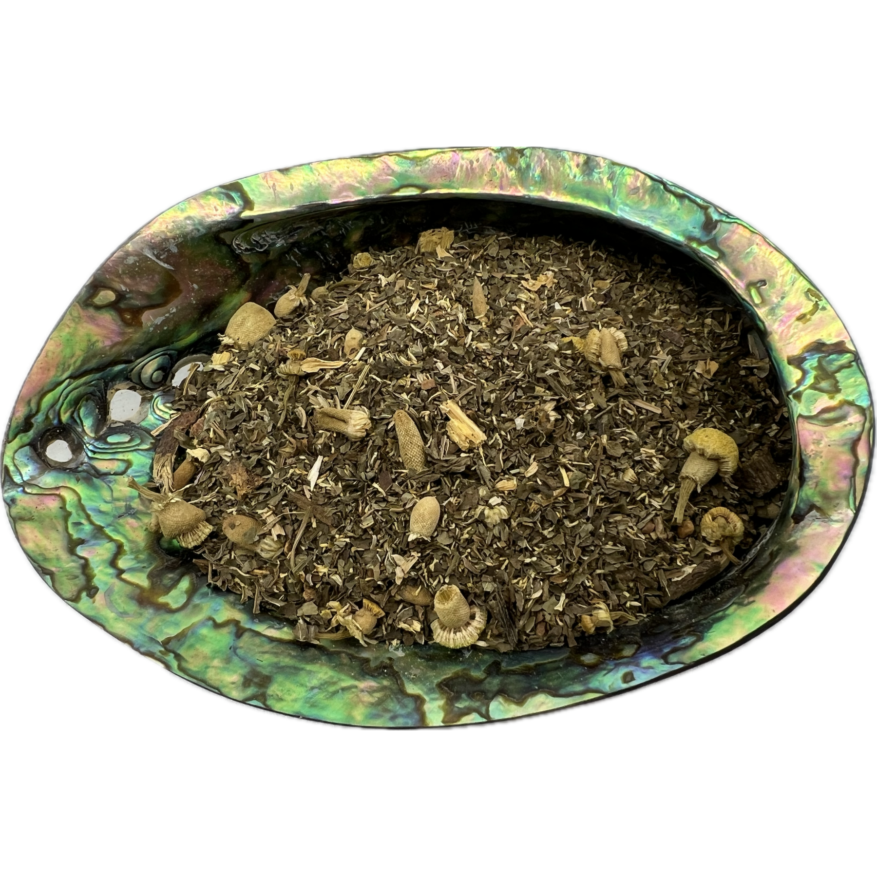 Dried mixed herbs named Afternoon Delight Tea placed on a colorful shell bowl