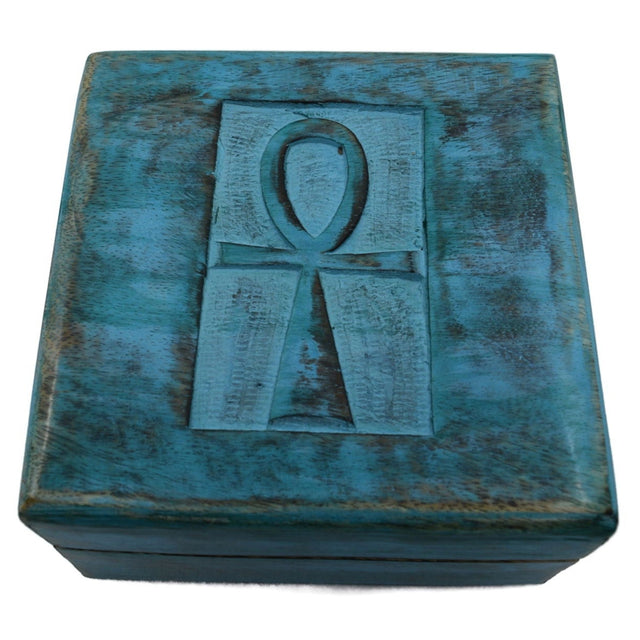 Ankh Wood Box - Square, blue wood Box, engraved Ankh on top 