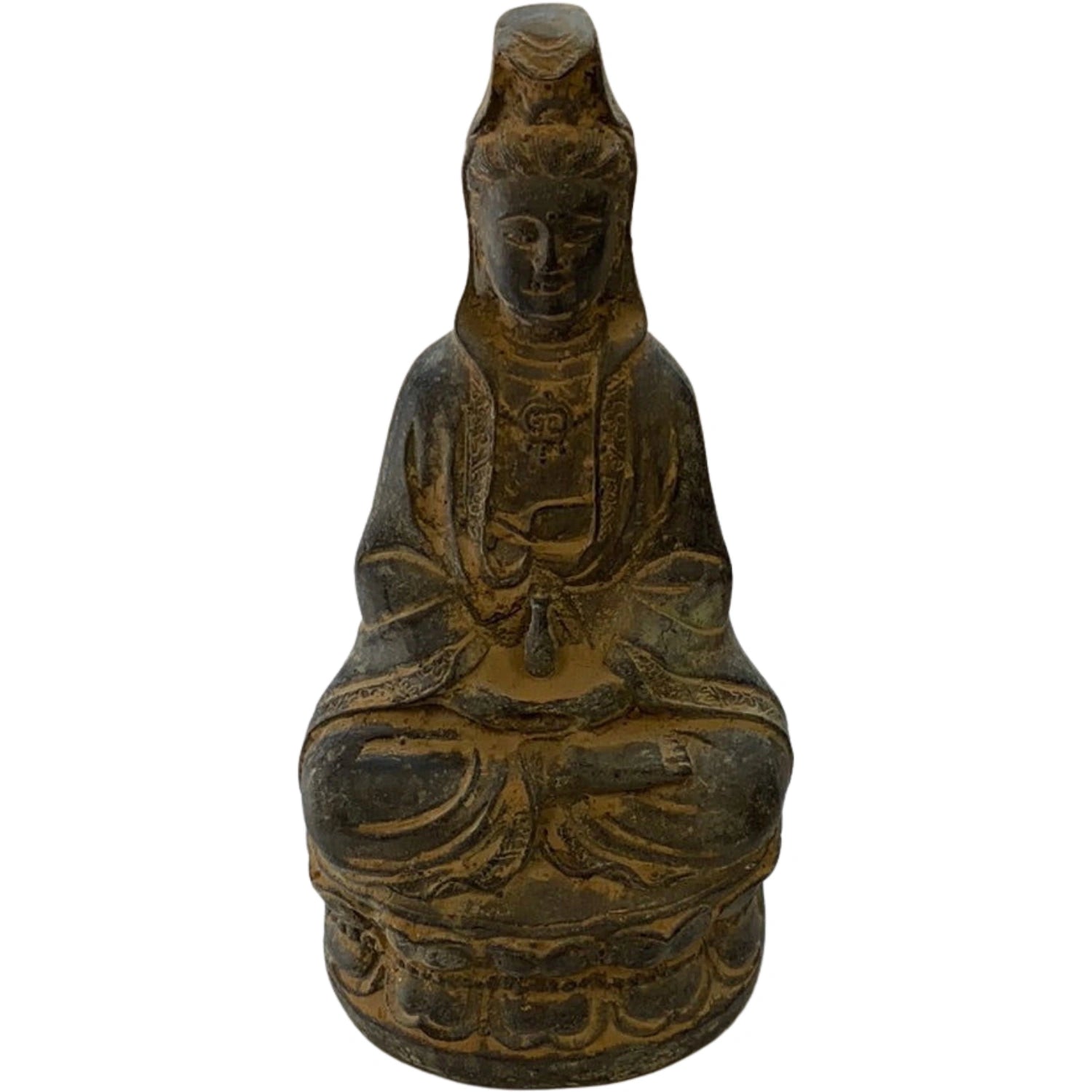 Antique bronze statue of Guanyin seated on a lotus base.