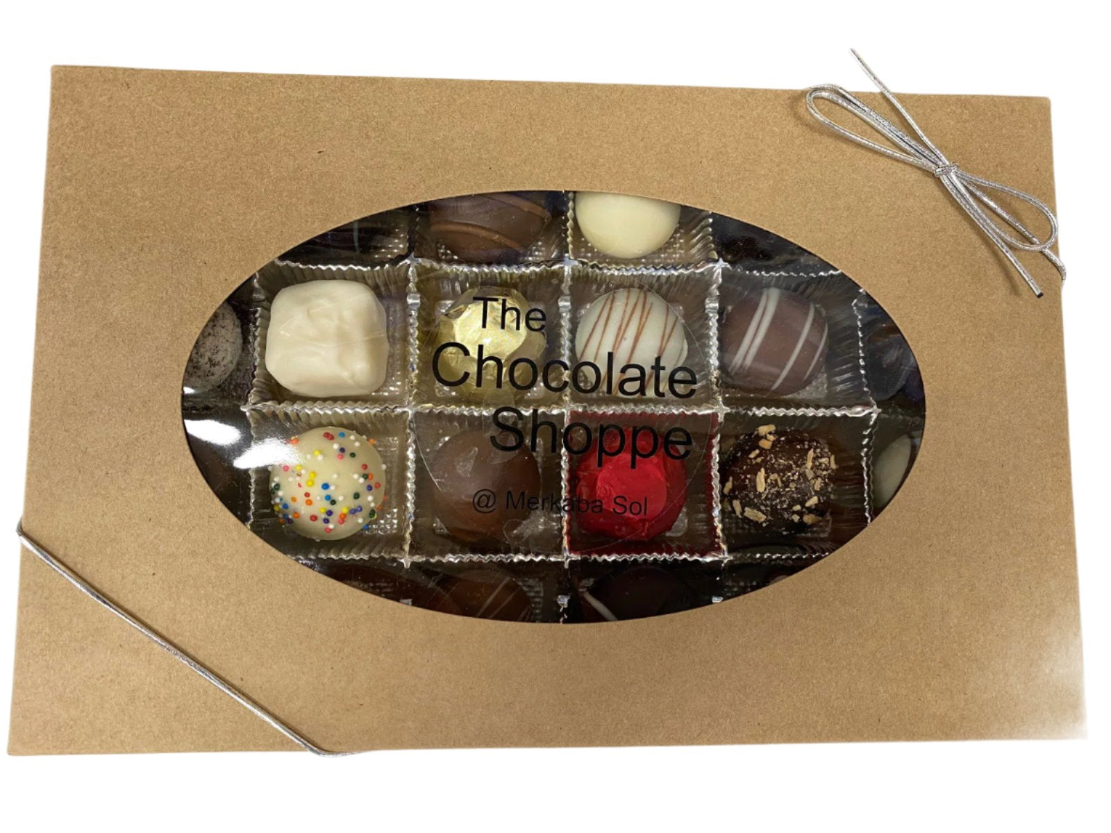 Assorted Box of Chocolates lg - large rectangle brown box with transparent window showing chocolates and  label 