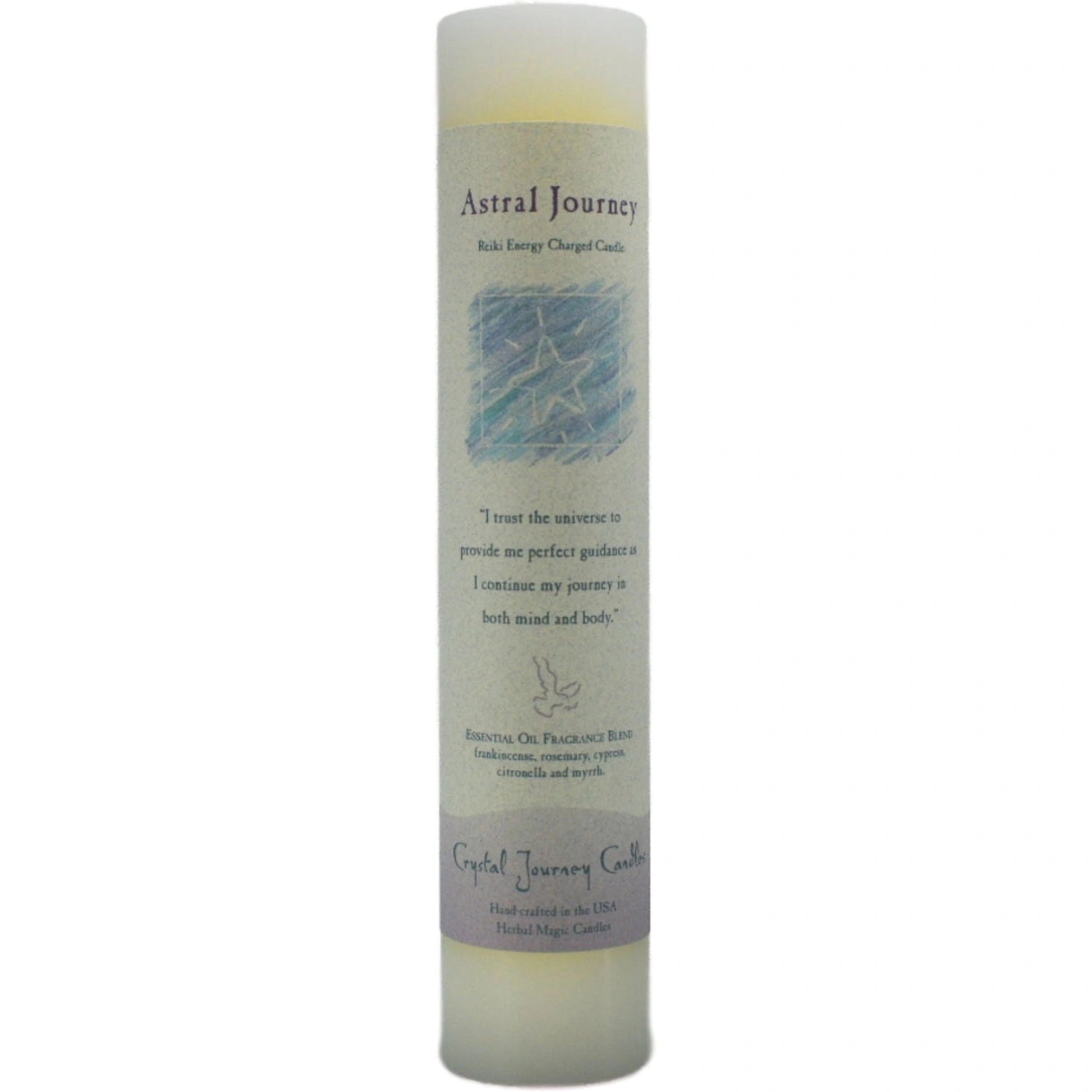 White candle with "ASTRAL JOURNEY" label.