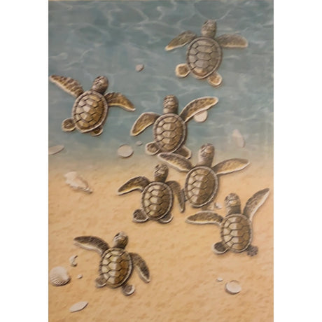 Greeting card with baby sea turtles crawling towards the ocean.