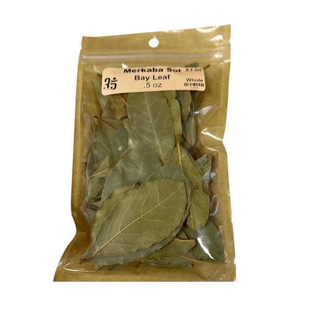 Dried bay leaves in a clear plastic bag.