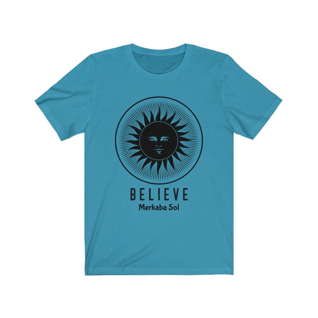 Merkaba Sol - Believe Tee with a sun face design - Aqua