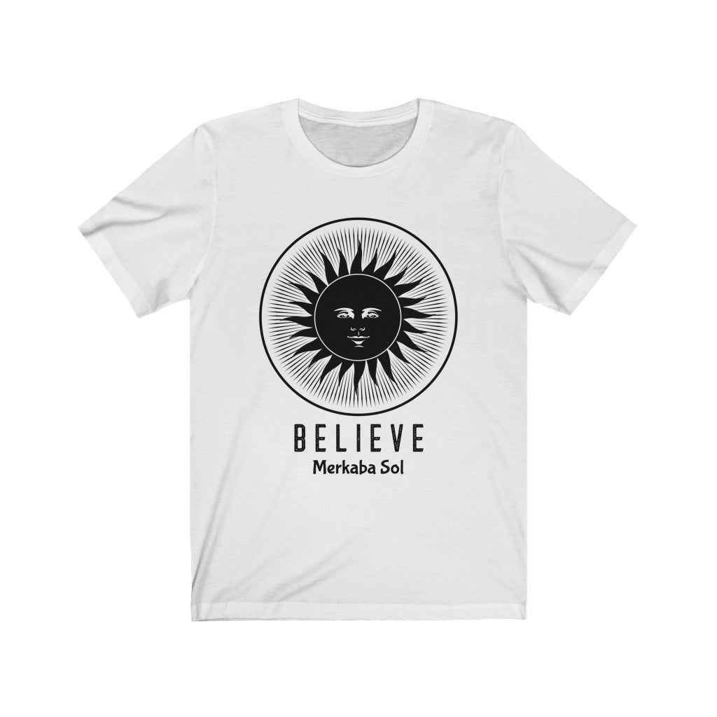 Believe Sun Short Sleeve Tee - The sun inspires us to Believe. Bring inspiration and empowerment to your wardrobe with this believe sun t-shirt in white color or give it as a fun gift. From merkabasolshop.com