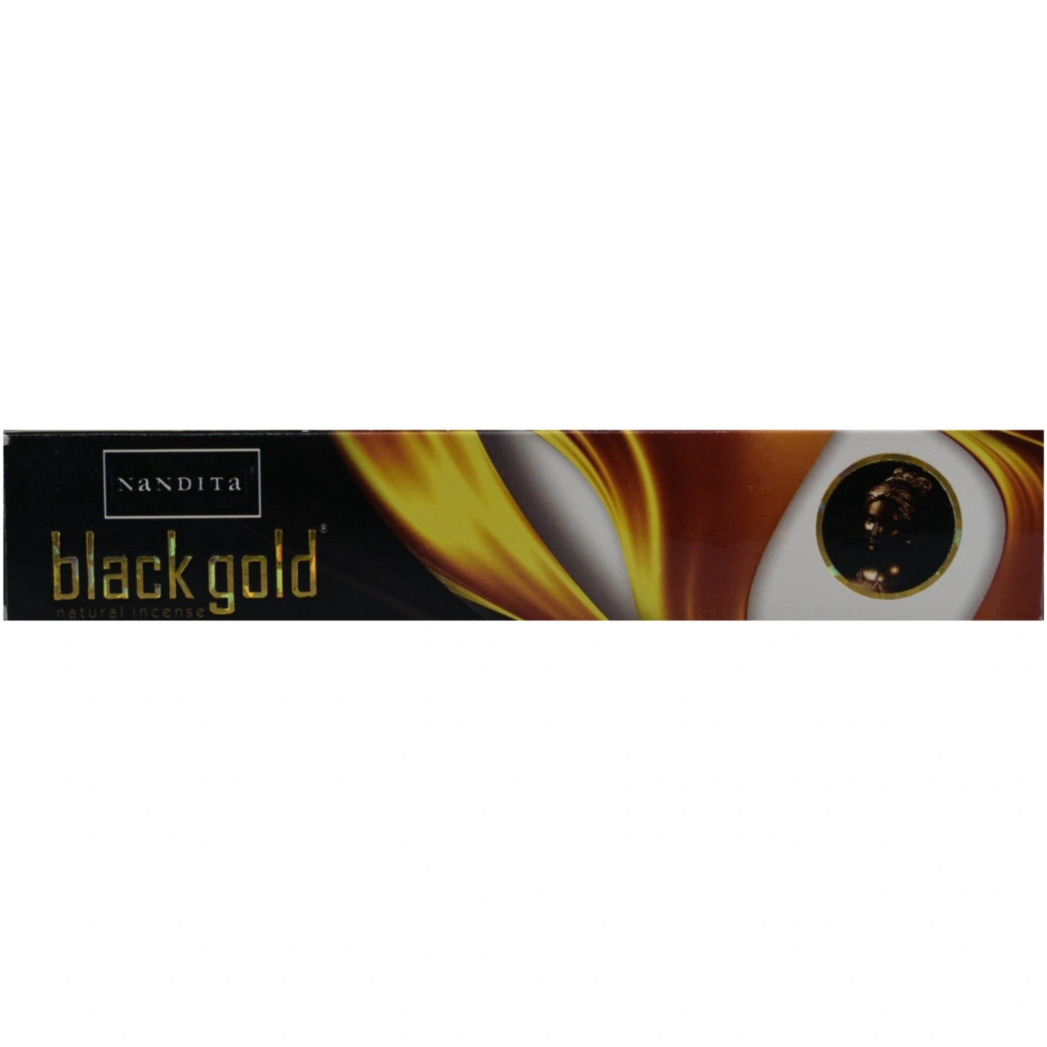 Nandita Black Gold Incense Sticks in a black and gold box.