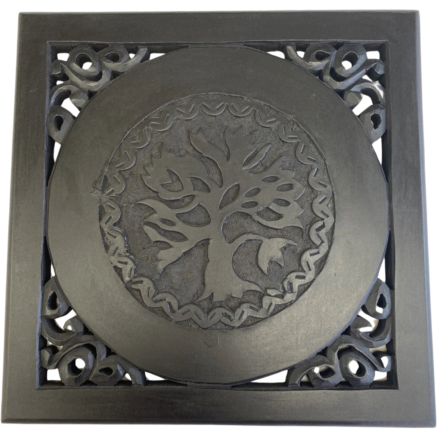 Black Tree of Life Wood Wall Hanging - Black wooden wall hanging with a carved Celtic tree of life design surrounded by intricate borders.