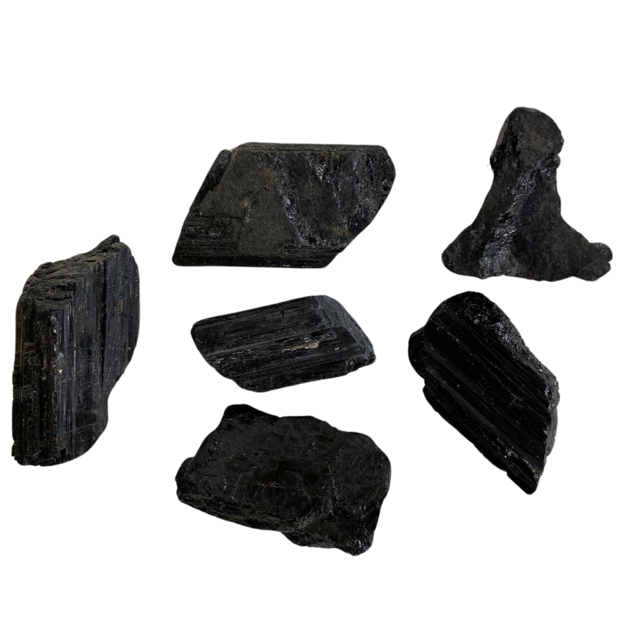 Black Tourmaline Raw md - Group of black tourmaline crystals, radiating energy for negativity deflection and spiritual cleansing.