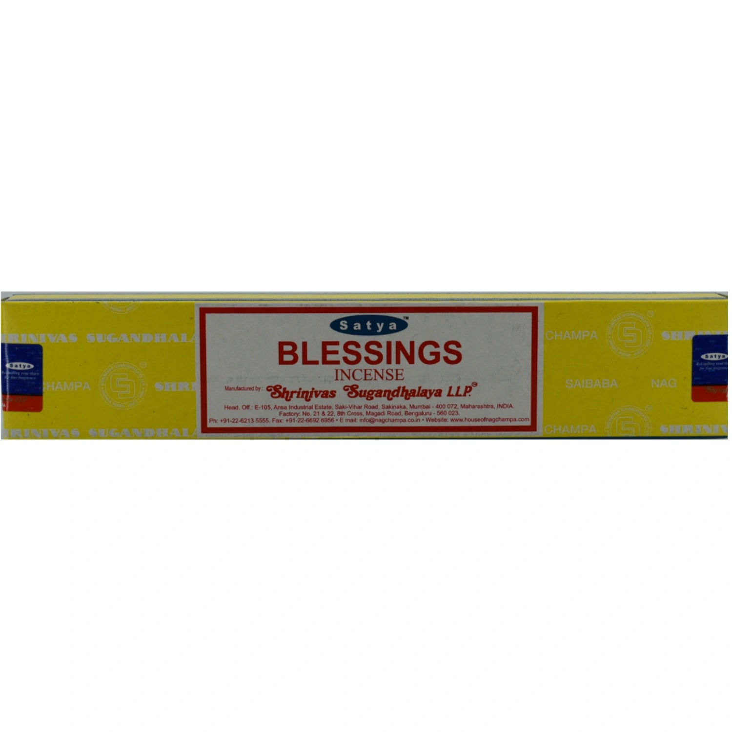 Satya Nag Champa Blessings Incense Sticks in a yellow box.