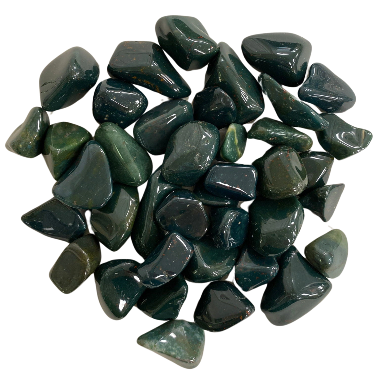 Polished bloodstone tumbled stone, featuring deep green with flecks of red.