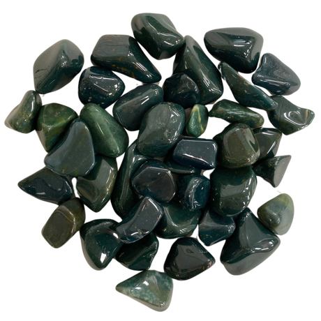 Polished bloodstone tumbled stone, featuring deep green with flecks of red.