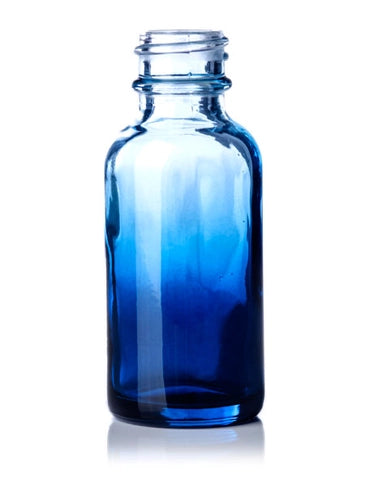 1 oz blue-shaded clear glass boston round bottle with plastic cap