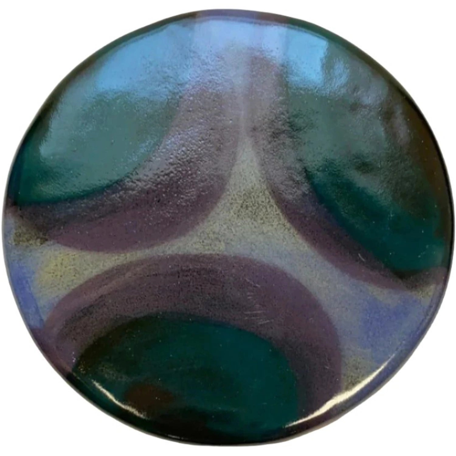 Circular ceramic coaster with blue, green, and purple swirls.