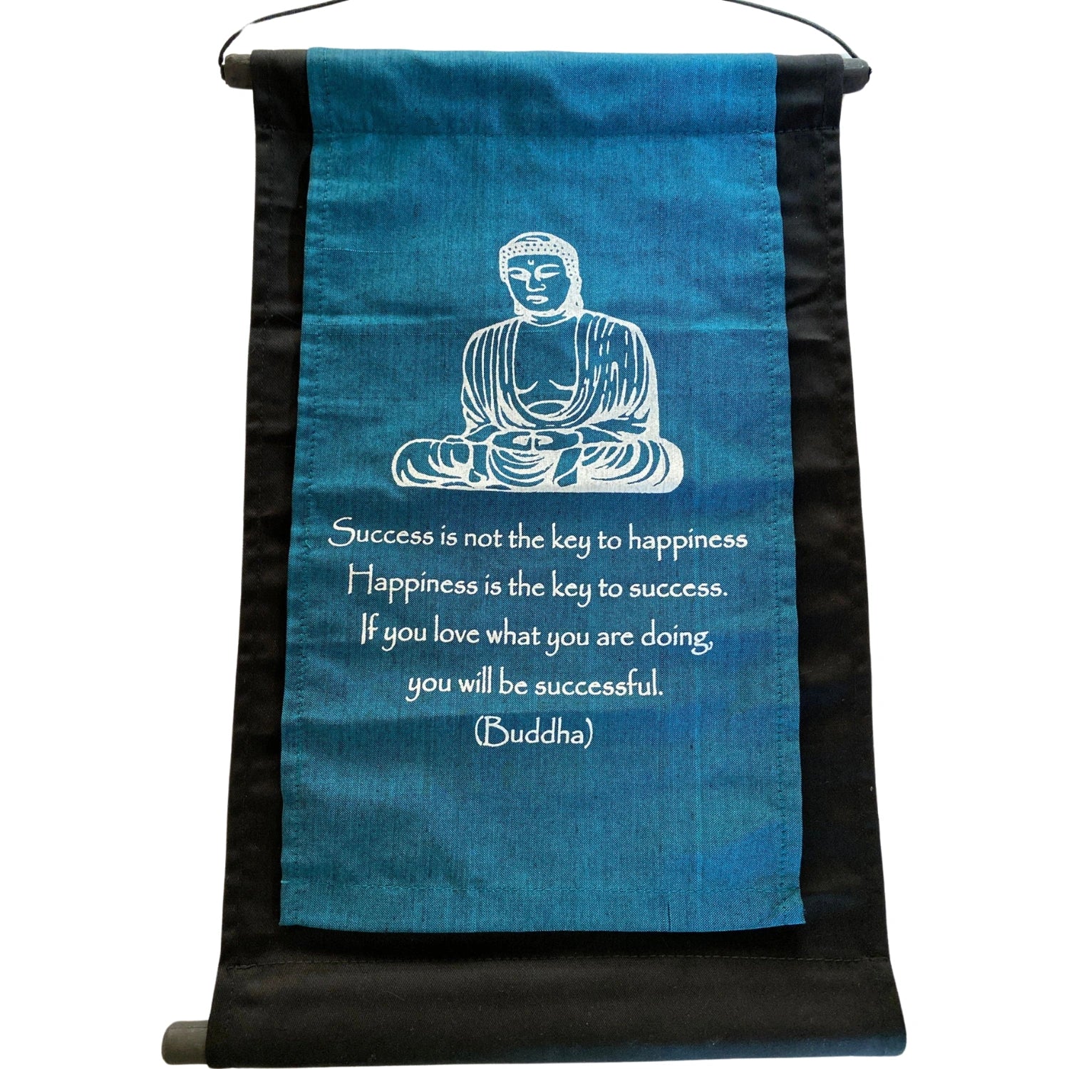 Buddha Success Banner - Buddha Success Banner made from black and blue cloth, with white print of buddha and quote.