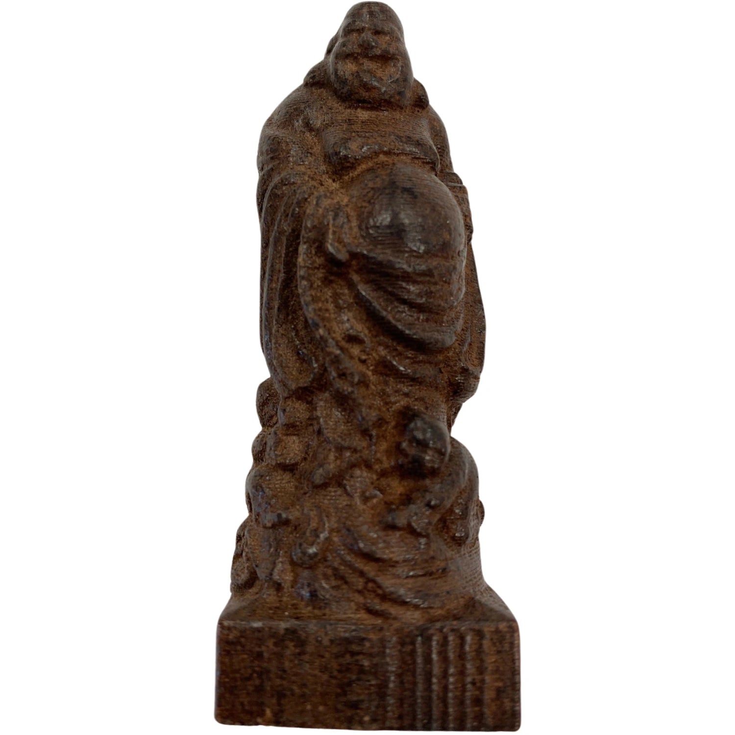 Small, dark brown wooden statue of a smiling Buddha with children playing around him.