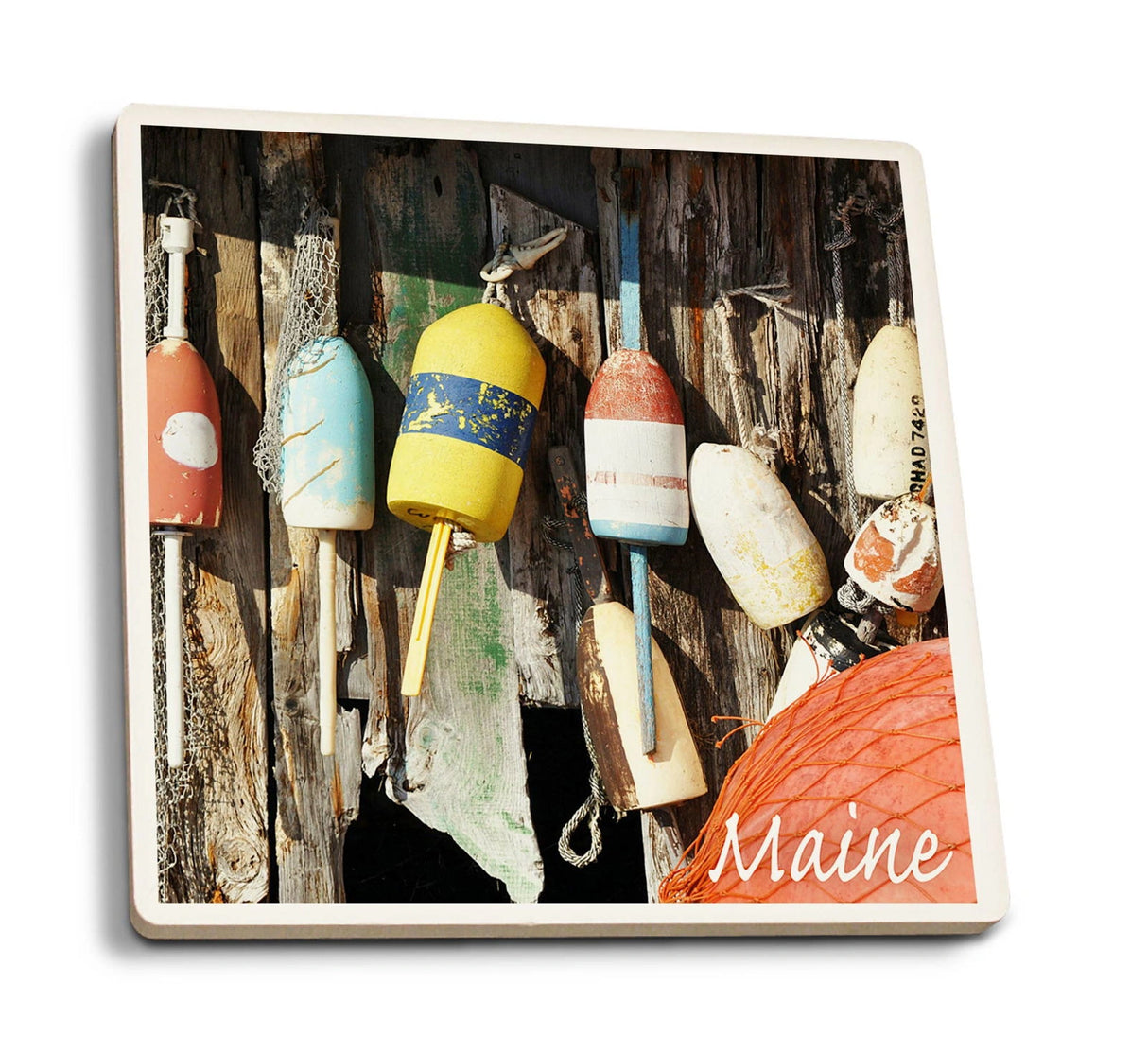 Ceramic coaster with "MAINE" and colorful buoys.