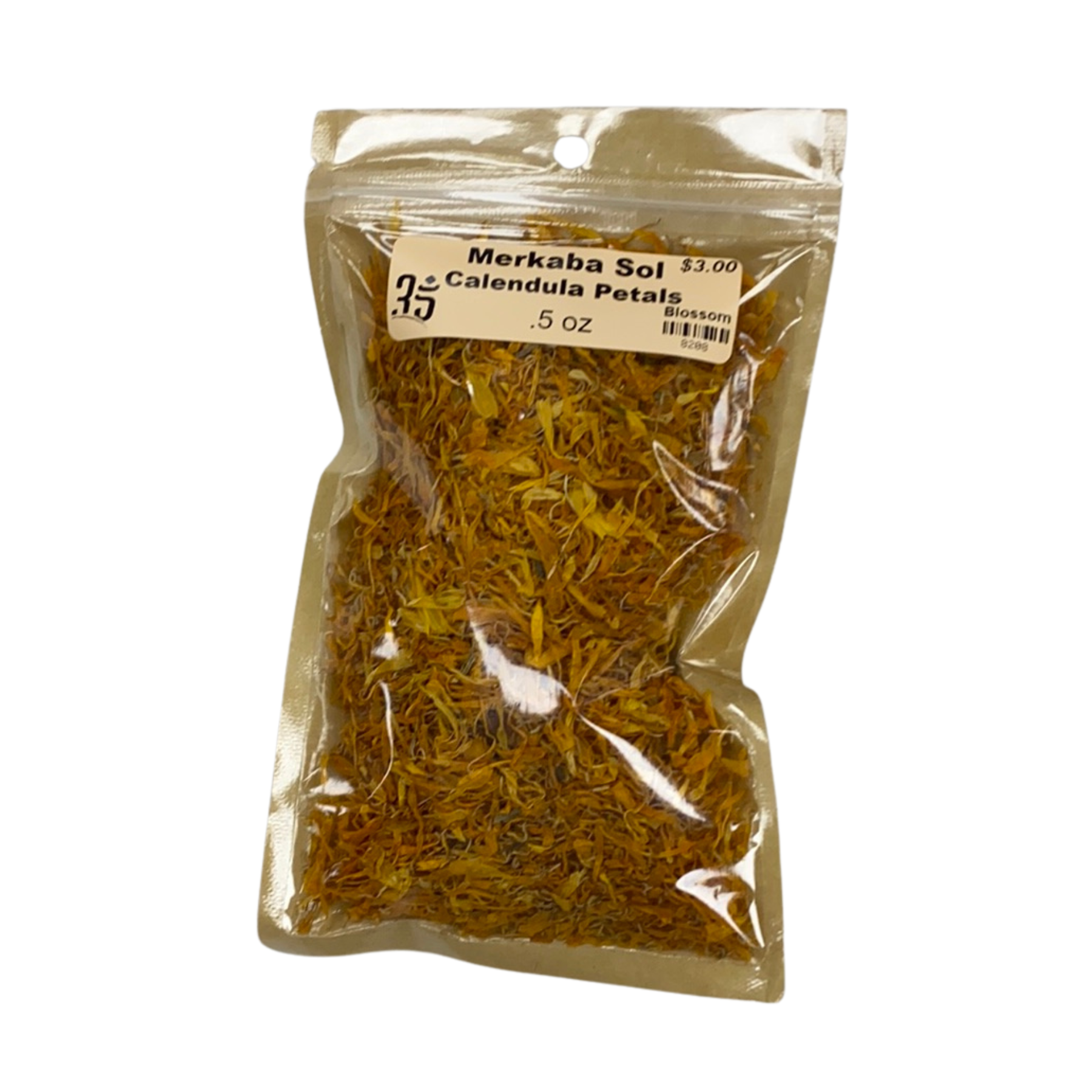 Calendula Flower Petals packed in a clear front brown back ziplock
