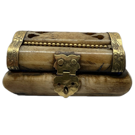 Small, rectangular bone inlay box with a golden metal clasp and intricate floral carvings.