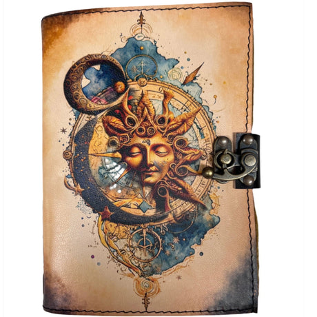 Brown leather journal with sun-faced compass and moon design, with brass lock.