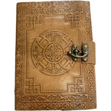 Brown leather journal with Celtic cross design and brass lock.