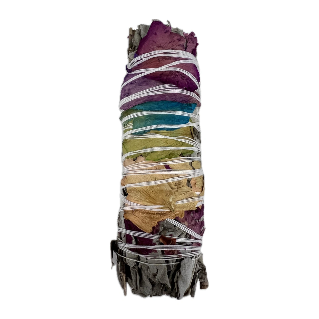 White Sage smudge stick with dried flower petals in rainbow colors.