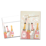 Champagne wishes white card with images of champagne bottles  and happy anniversary 