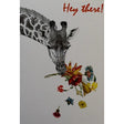 Greeting card with a giraffe eating a bouquet of flowers. The text "HEY THERE!" is written above the image.