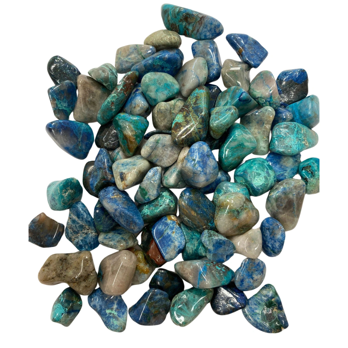 Tumbled Chrysocolla stones with a smooth, polished finish and a vibrant mix of blue, green, and brown hues.