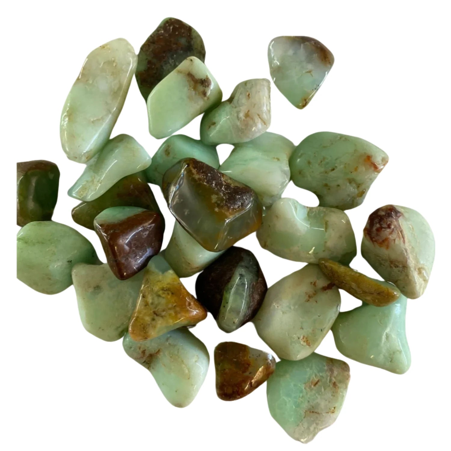 Tumbled Chrysoprase stones with a smooth, polished finish and a vibrant green color.