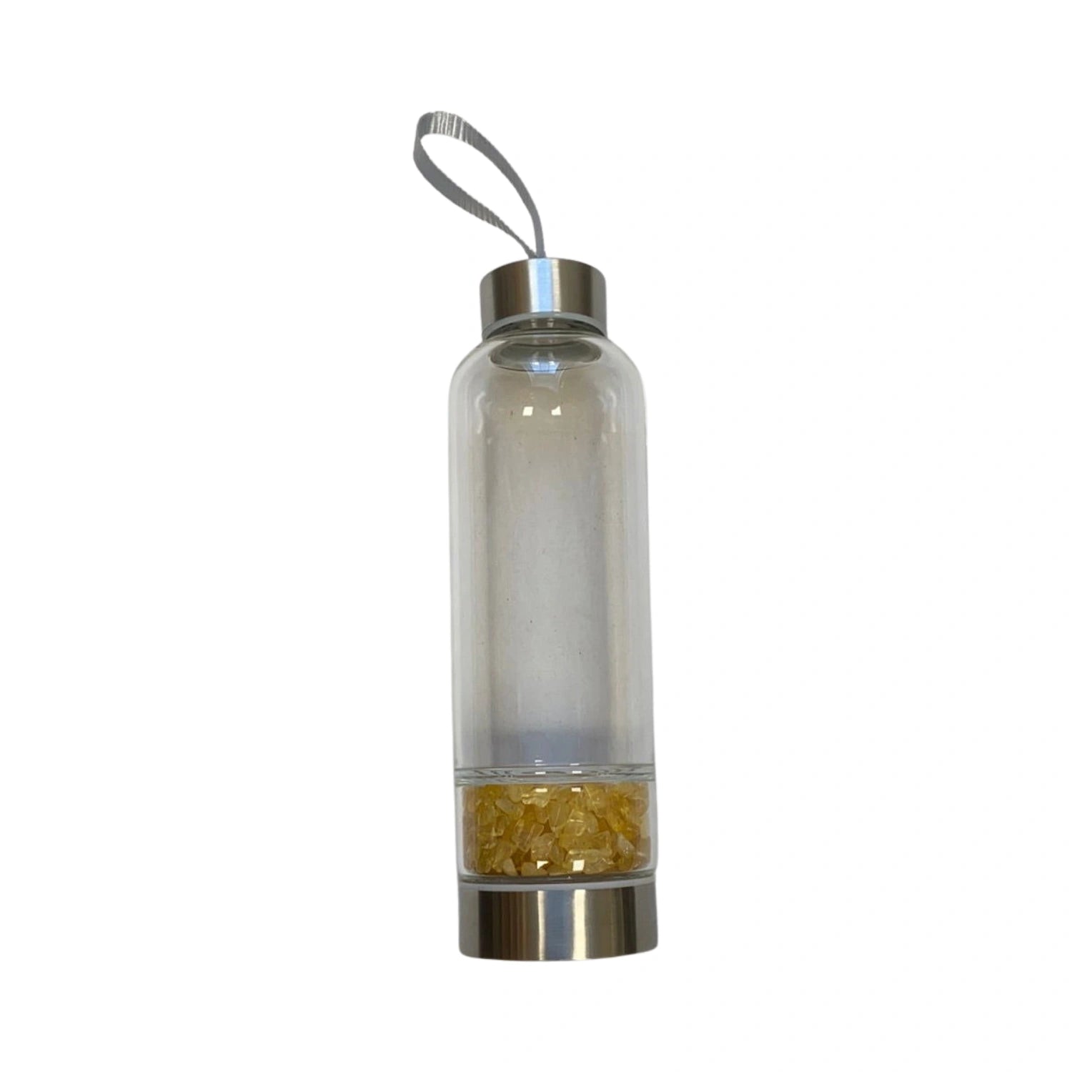 Citrine Gemstone Infusion Glass Water Bottle with stainless steel cap and base.