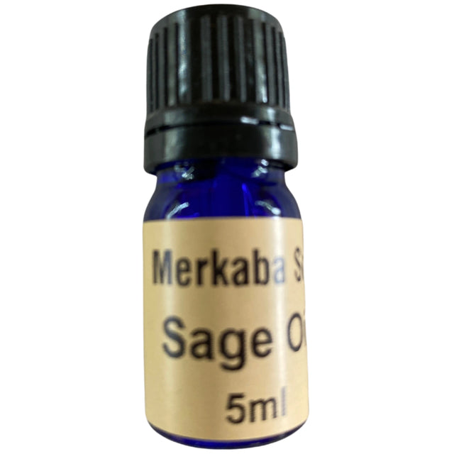 Clary Sage Essential Oil in a blue bottle with a black screw type lid