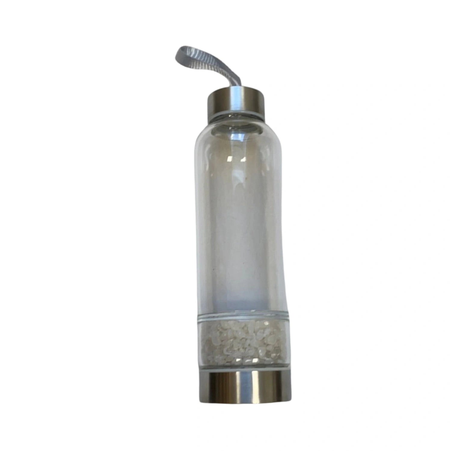 Clear Quartz Gemstone Infusion Glass Water Bottle with stainless steel cap and base.