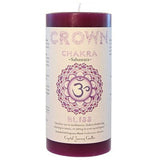 Purple candle with "CROWN CHAKRA" and "BLISS" label.