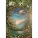 Painting of a tree with a face, forming a crescent moon shape with its branches. The tree is surrounded by a forest, a river, and a starry night sky.