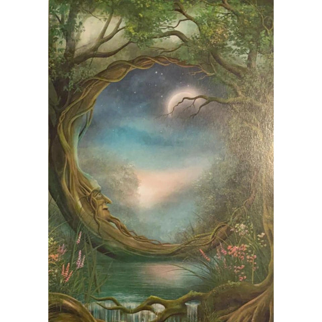 Painting of a tree with a face, forming a crescent moon shape with its branches. The tree is surrounded by a forest, a river, and a starry night sky.