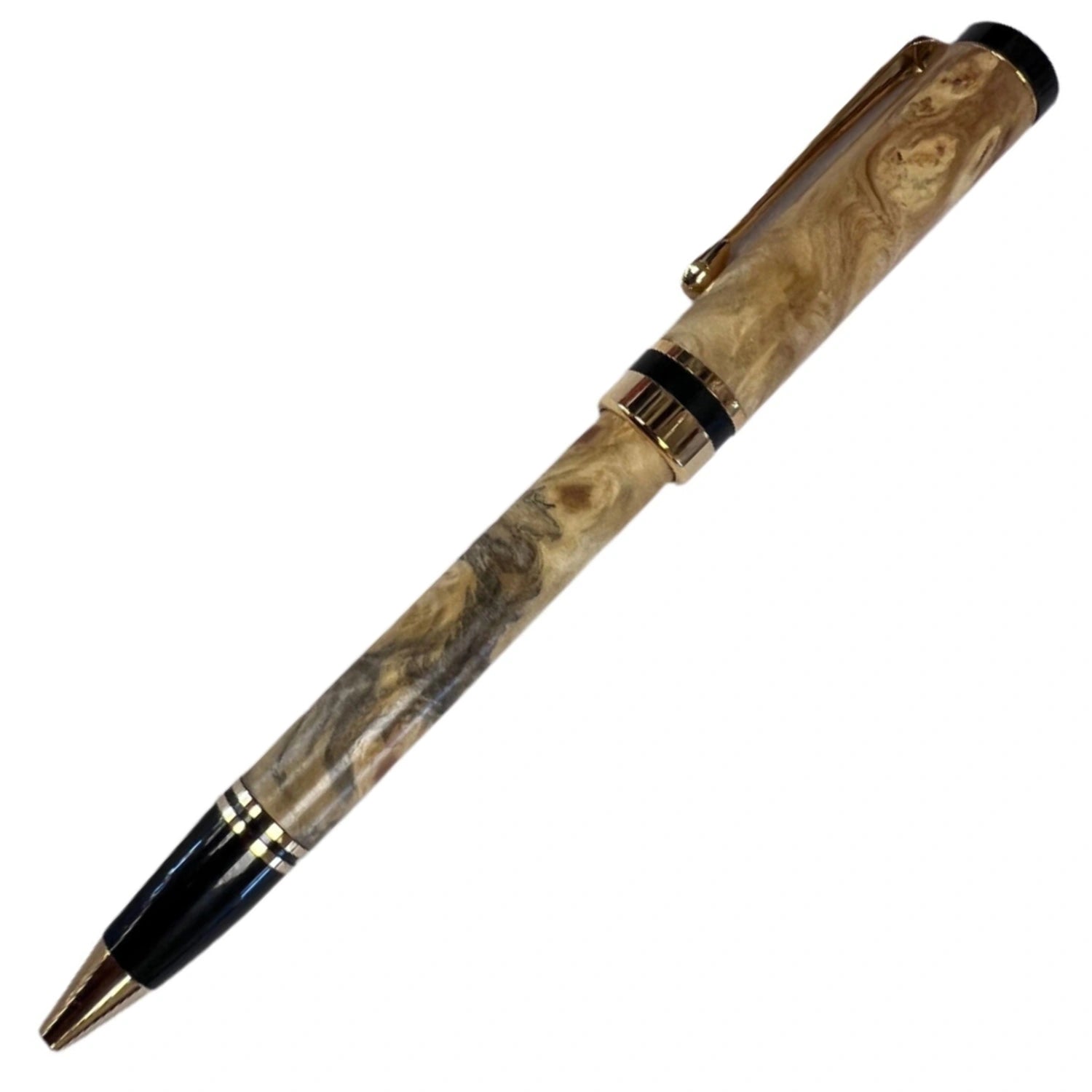 Handmade double twist pen with a burl wood barrel and gold-colored accents.