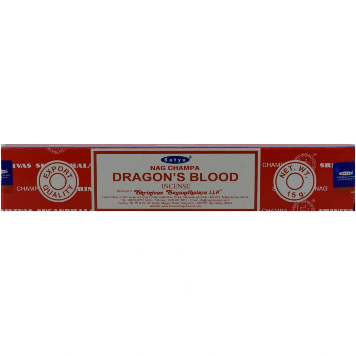 Satya Nag Champa Dragon's Blood Incense Sticks in a red box.