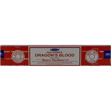 Satya Nag Champa Dragon's Blood Incense Sticks in a red box.