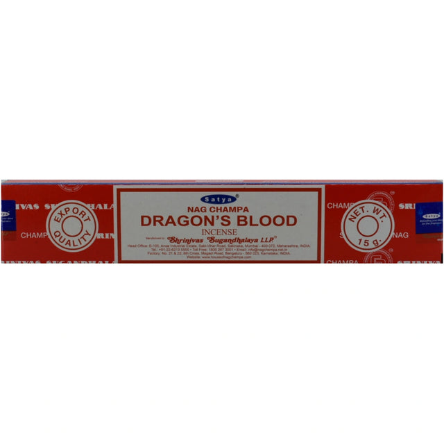 Satya Nag Champa Dragon's Blood Incense Sticks in a red box.